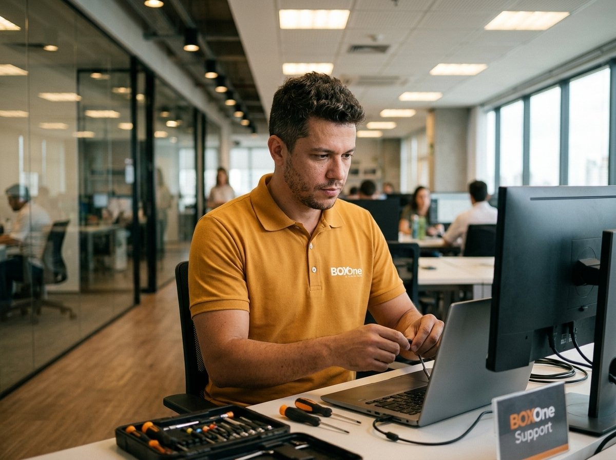 Especialista BOX One realizando manutenção corporativa em empresa parceira